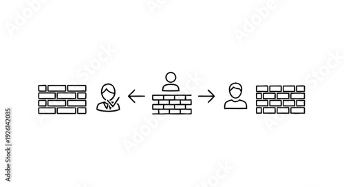 Business people communicating through a brick wall barrier.