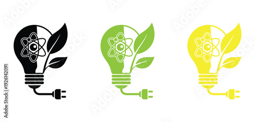   light bulb icon. Eco friendly light bulb with green leaf and atom symbol for sustainable energy. 