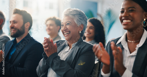 Quadro em tela Woman, crowd and applause at conference with celebration, support or excited for announcement at company