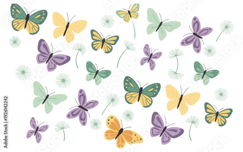 Colorful Butterfly Pattern with Dandelion Seeds Flat Design