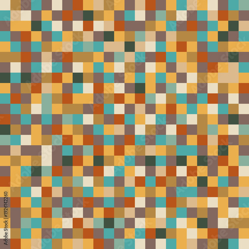 Retro style colorful pixel mosaic seamless pattern with abstract geometric squares in vintage color palette. Modern decorative digital art background, ideal for textile, wallpaper, and web design