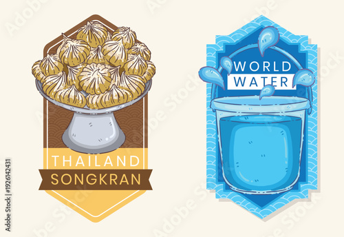 Thailand Songkran Festival and World Water Day Labels - Traditional White Clay Din Sor Pong and Water Bucket Illustration