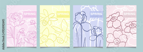 Spring flowers in line art. Floral cute set of plant. Hand drawn vintage background template with botanical motifs. Simple sketch. Vector doodle illustration.