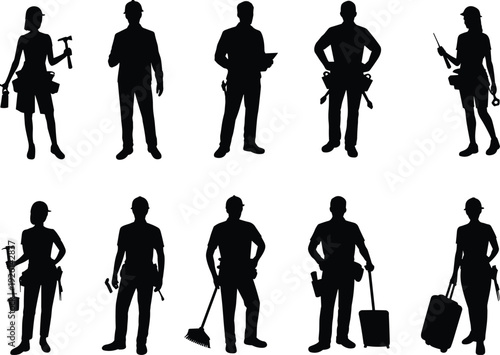 Worker silhouettes, diverse professions tools, manual labor illustration, construction and technical jobs, workforce diversity concept, employment sector art design