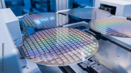Green nano technology wafer production line robotics automated handling semiconductor silicon microchip circuit cleanroom manufacturing reflecting