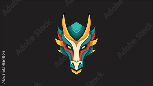 Colorful Dragon Head Illustration with Fierce Expression.