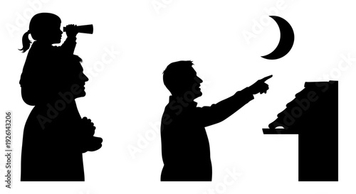 Astronomy enthusiasts observing the crescent moon with a telescope and pointer Vector, illustration