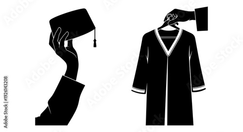 Graduation attire featuring cap and gown displayed on a hanger and held by a hand Vector, illustration