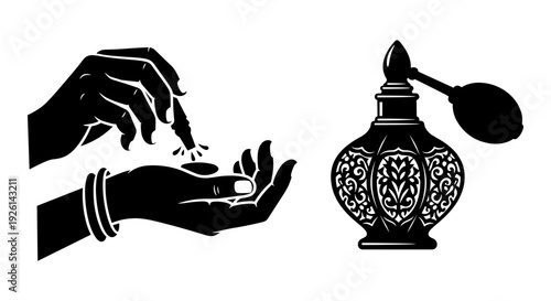 Traditional perfume application using a decorative atomizer bottle and hands Vector, illustration