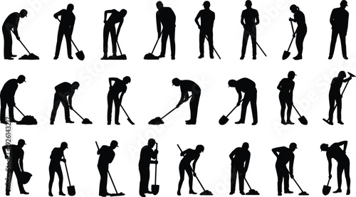 Worker silhouettes, shoveling and sweeping illustration, broom and shovel art, manual labor concept, occupational posture design, industrial workforce representation