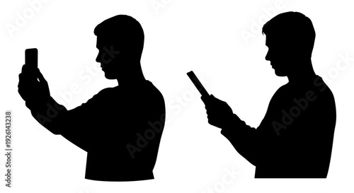 Two individuals taking selfies with smartphones in contrasting styles Vector, illustration