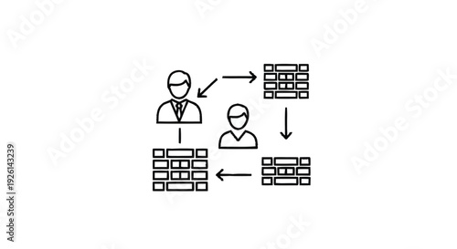 Business people interacting with firewalls in a network diagram.