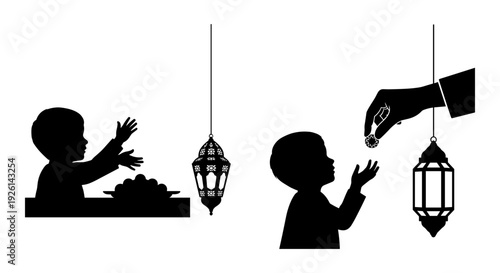 Children reaching out for decorative hanging lanterns during a festive celebration Vector, illustration