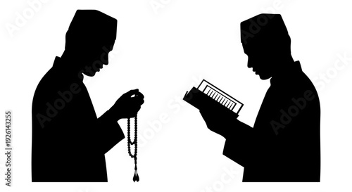Two silhouetted figures engaged in a silent exchange of a book and a rosary. Vector, illustration
