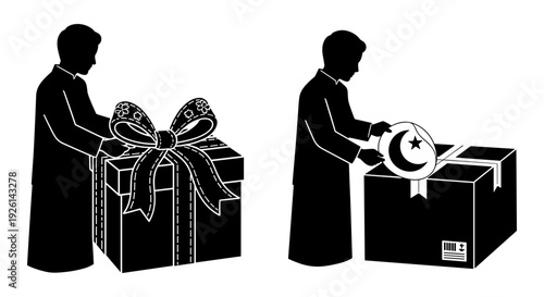 Two people exchanging gifts and a package with a clock inside Vector, illustration