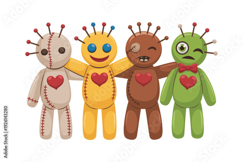 A group of colorful voodoo dolls with hearts on their chests standing together