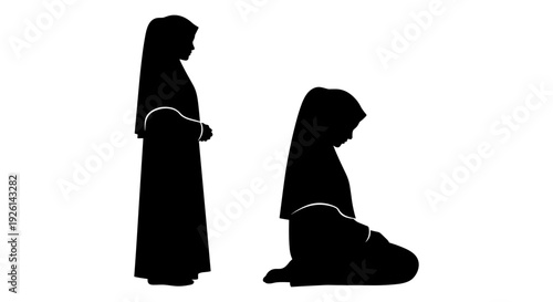 Two silhouettes of women engaged in a conversation, one standing and one kneeling. Vector, illustration