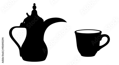 Traditional arabic coffee set with a dala and small cup displayed side by side. Vector, illustration