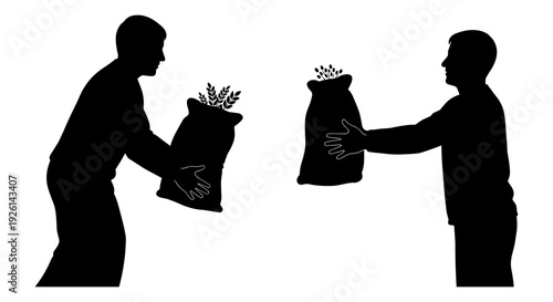 Two individuals exchanging bags of items in a silent trade scenario Vector, illustration