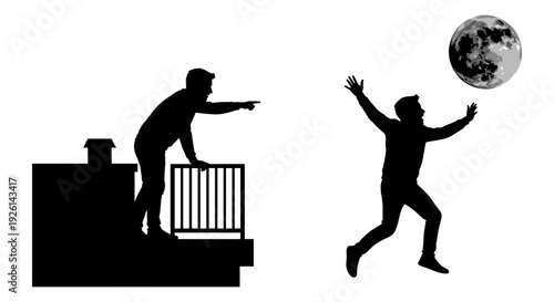 Contrast of human reach and scale against cosmic objects in a surreal urban setting Vector, illustration