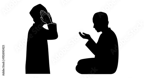 Two individuals engaged in prayer and reading from a religious book. Vector, illustration