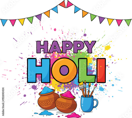 Happy holi festival greeting card with colorful paint splatters, banners, and pots