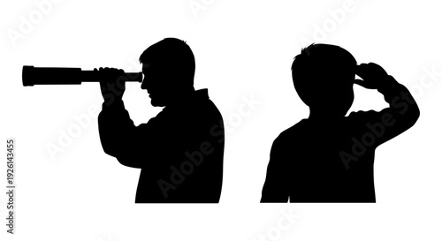 Two silhouettes using different methods to observe or communicate at a distance Vector, illustration