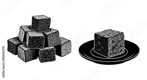 Assorted chocolate bars and a single piece on a plate Vector, illustration