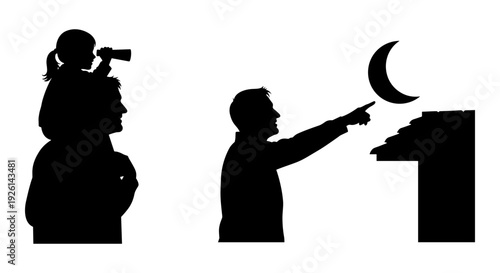 Silhouette of a news reporter filming a man pointing at a crescent moon during a speech. Vector, illustration