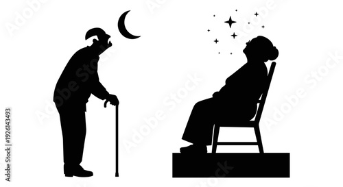 Contrast of life stages under the moon and stars in a contemplative silhouette scene Vector, illustration