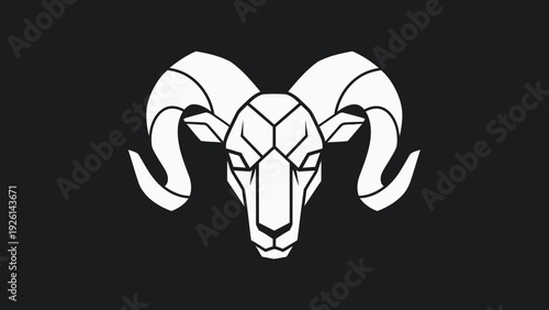 Geometric Ram Head Symbol White on Black Background.