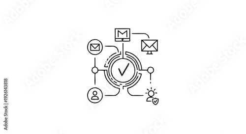 Business process automation workflow with checkmark and icons.