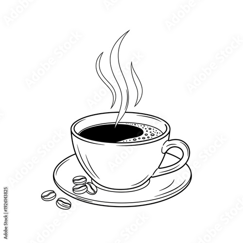 Coffee Splash Cup Illustration Vector – Hand Drawn Espresso Mug with Beans Line Art Design
