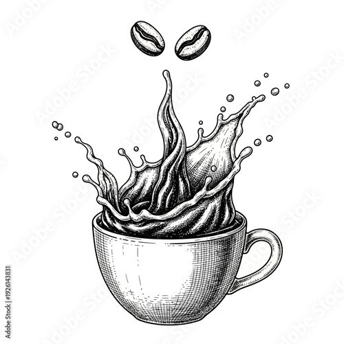 Coffee Splash Cup Illustration Vector – Hand Drawn Espresso Mug with Beans Line Art Design