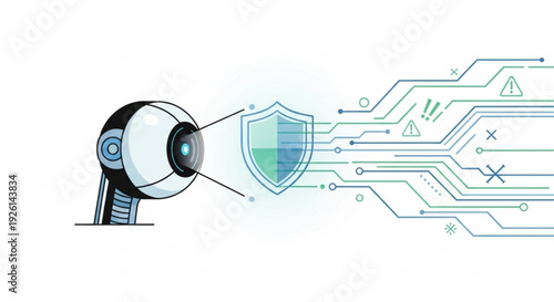 Robot scanning with shield icon and circuit board pattern for cybersecurity protection and artificial intelligence technology