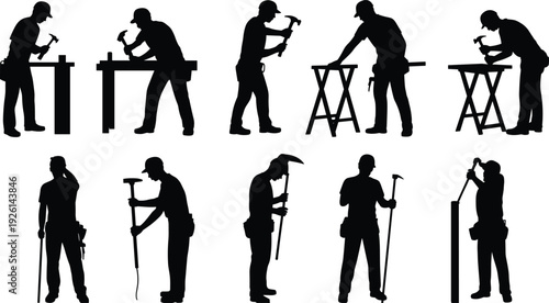 Carpenter worker silhouettes set, builders using hammer tools at work isolated black vector illustration collection