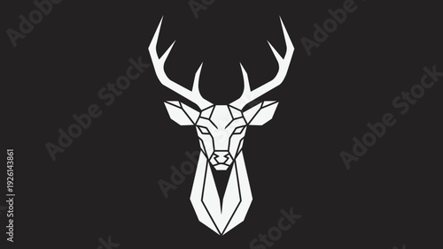 Geometric White Deer Head Silhouette on Black Background.