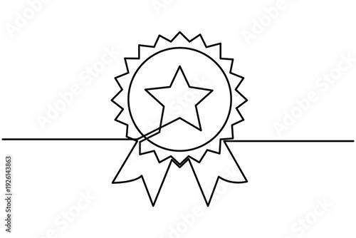 Award badge continuous one line drawing on white background minimalist outline vector illustration.Award ribbon badge continuous one line.Certificate award badge continuous one line drawing.