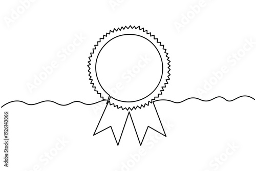 Award badge continuous one line drawing on white background minimalist outline vector illustration.Award ribbon badge continuous one line.Certificate award badge continuous one line drawing.