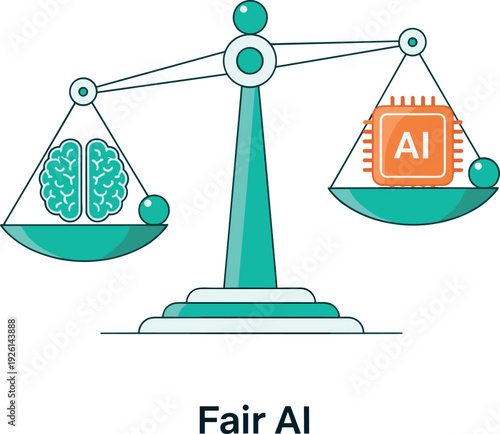 Fair AI Concept Illustration with Balanced Scale Showing Human Brain and Artificial Intelligence Chip for Ethics, Bias Reduction, and Responsible Technology