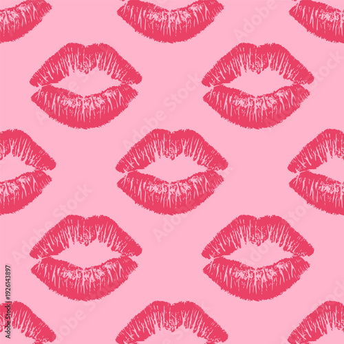 Female red lipstick kiss isolated on pink background. Lips kissing prints vector background. 