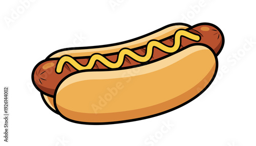 Classic cartoon hot dog illustration featuring a grilled sausage on a bun with yellow mustard graphic