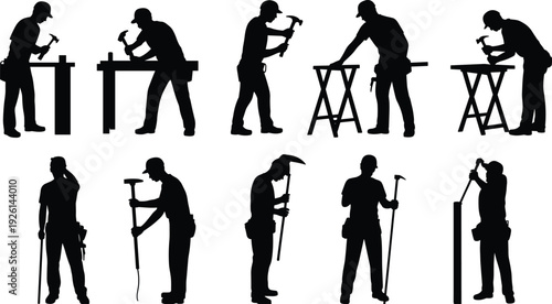 Carpenter worker silhouettes set, manual labor craftsmen using hammer and tools isolated black shadow figures collection