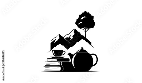 Monochrome Cozy Scene with Teapot Books Mountains and Tree Flat Vector Isolated on White