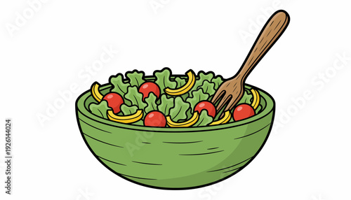 Vibrant and nutritious fresh garden salad in a green bowl with a wooden fork, perfect for a healthy meal option