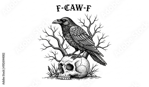 Vintage Engraved Crow on Skull Gothic Illustration