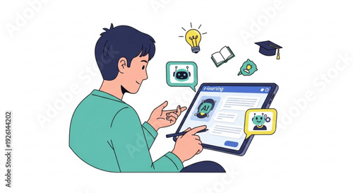 Young man learning online with digital tablet and education icons floating around e learning concept with lightbulb graduation cap and books