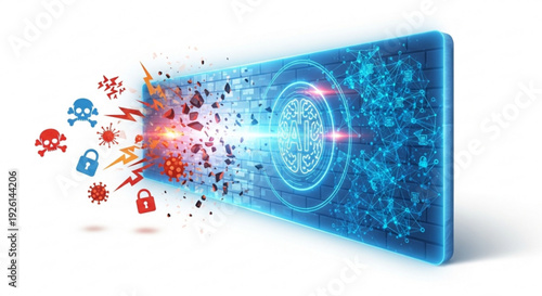 Cybersecurity threat explodes from secure blue circuit board with malware symbols flying out