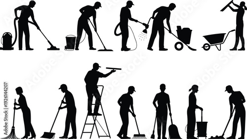 Cleaning maintenance worker silhouettes vacuum mopping spraying sweeping ladder tasks collection, janitor service team illustration concept