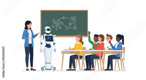 Teacher and robot assist students in classroom with ai technology and education concept